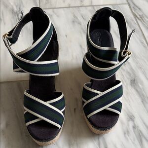 Tory Burch Frieda Platform Wedge Sandal in Striped Navy & Green Wedge -Like New